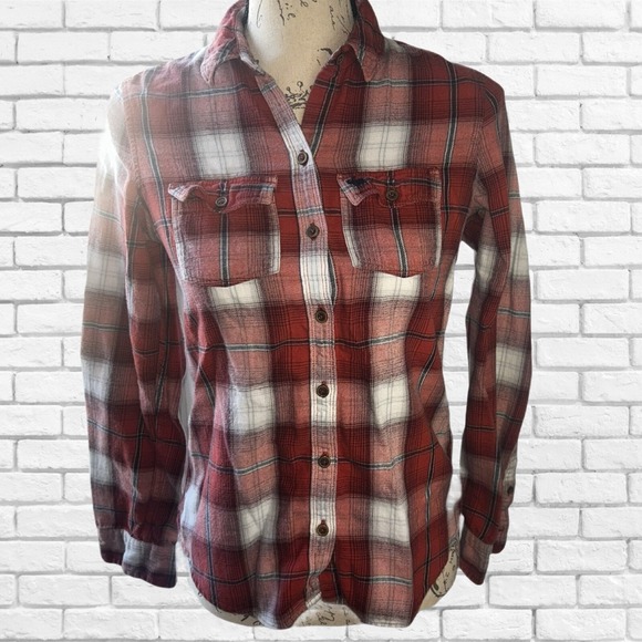 Abercrombie Kids Red Plaid Flannel Button Down Shirt XL 14/16 Long Sleeve Cotton - Picture 2 of 6